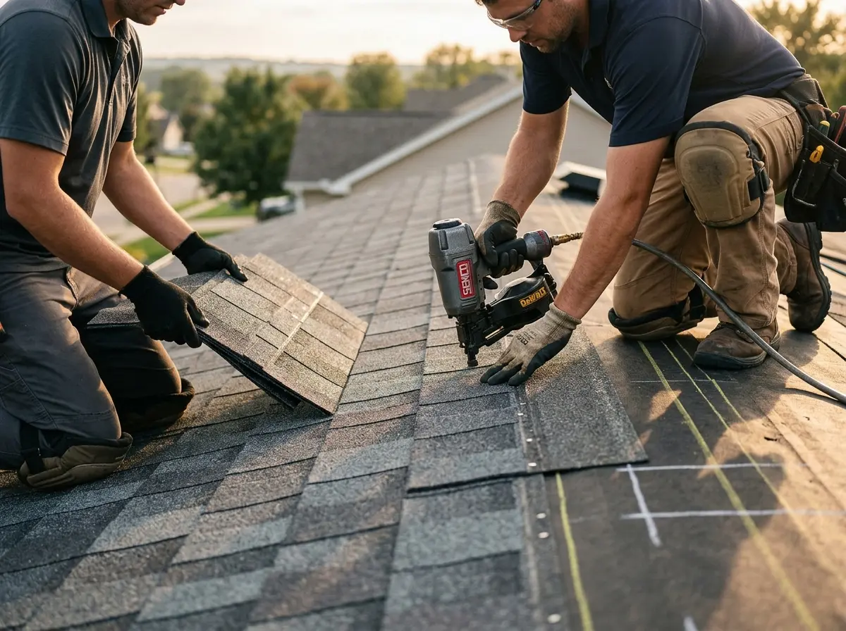 Professional roofer working on a residential roof in Pelham Manor